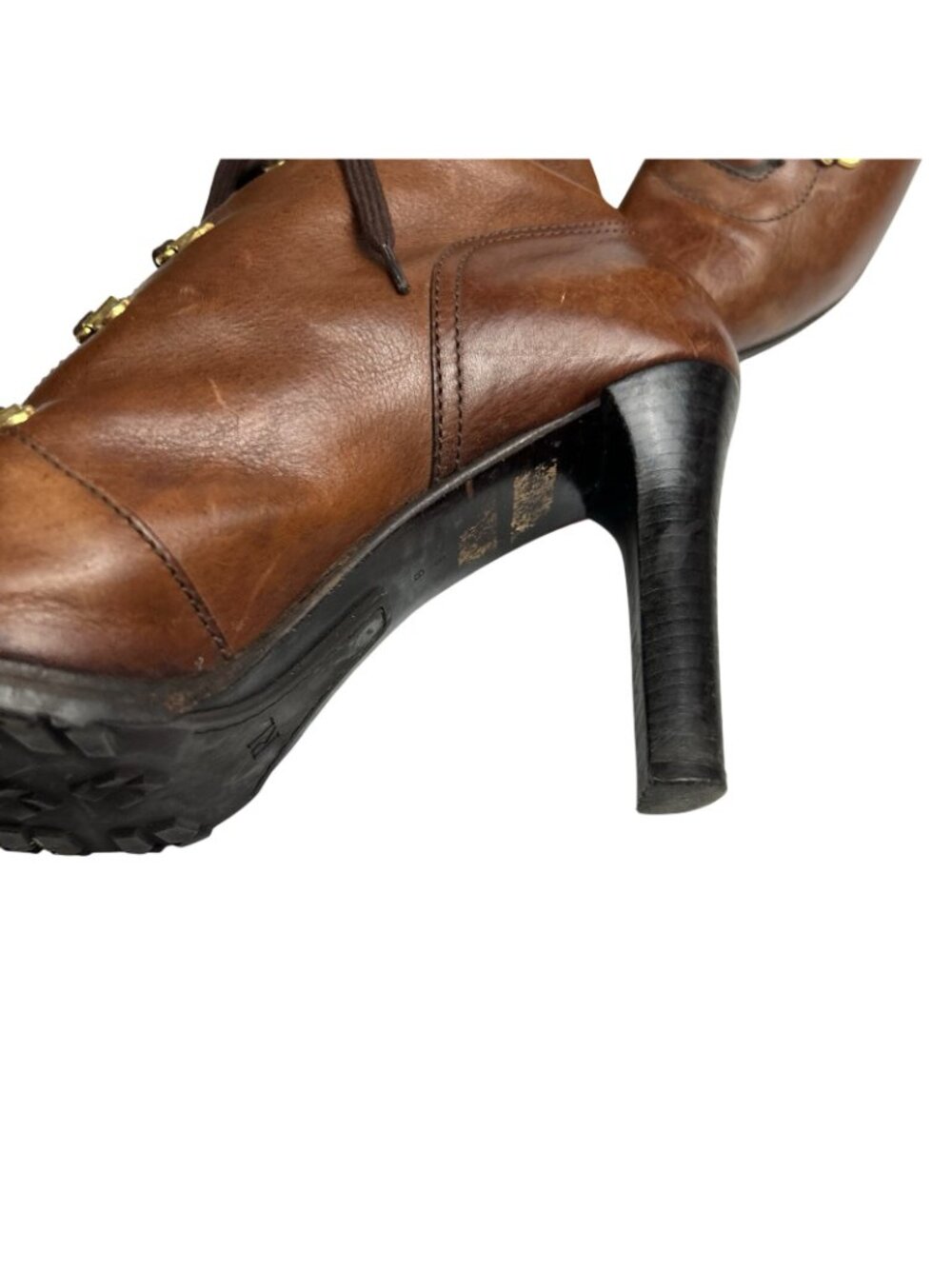 Ralph Lauren Collection 8B Brown Leather Lace Up Knee High Boots Buckle Heels - Picture 14 of 16